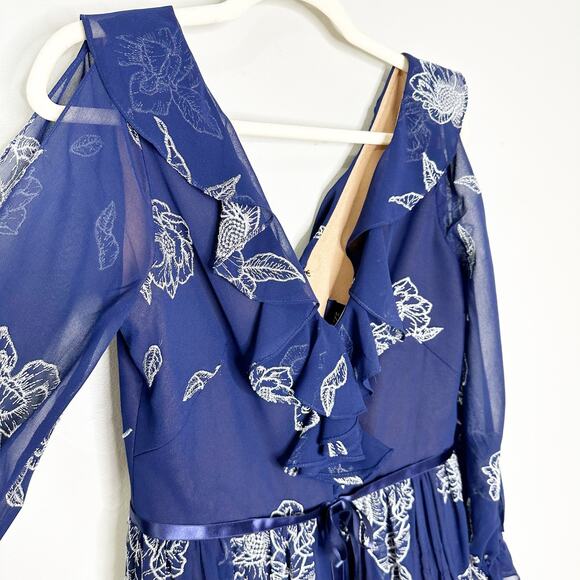 Marchesa Notte Floral Midi Dress Embroidered Long-Sleeve Tulle Navy Blue Size 6 - Picture 6 of 11